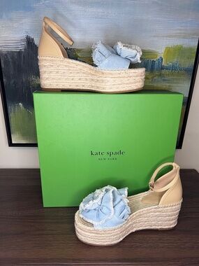 kate spade boho espadrille wedge sandals with blue denim rosette 8.5 fits size 9